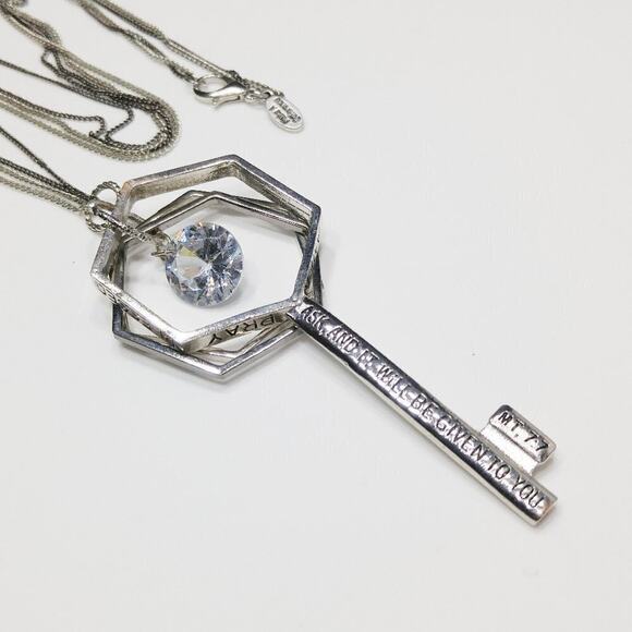 Key Necklace, Faith Pray Scripture KEY Long Silver Gray Chain, 30 Inches - Picture 2 of 14